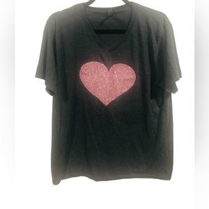 ANVIL triblend dark gray Valentine Pink Glitter Heart v neck t shirt L